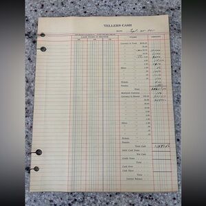 Vintage 1945 Bank Teller's Cash Ledger Sheet